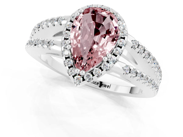 White gold Pear Cut Morganite Halo Split Shank Engagement Ring