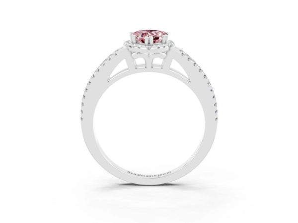 Platinum Pear Cut Morganite Halo Split Shank Engagement Ring