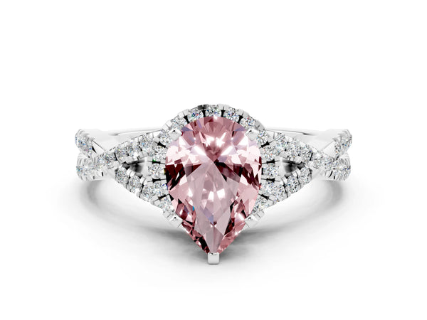 Platinum Pear Cut Morganite  Halo Twist Band Solitaire Prong Setting Ring
