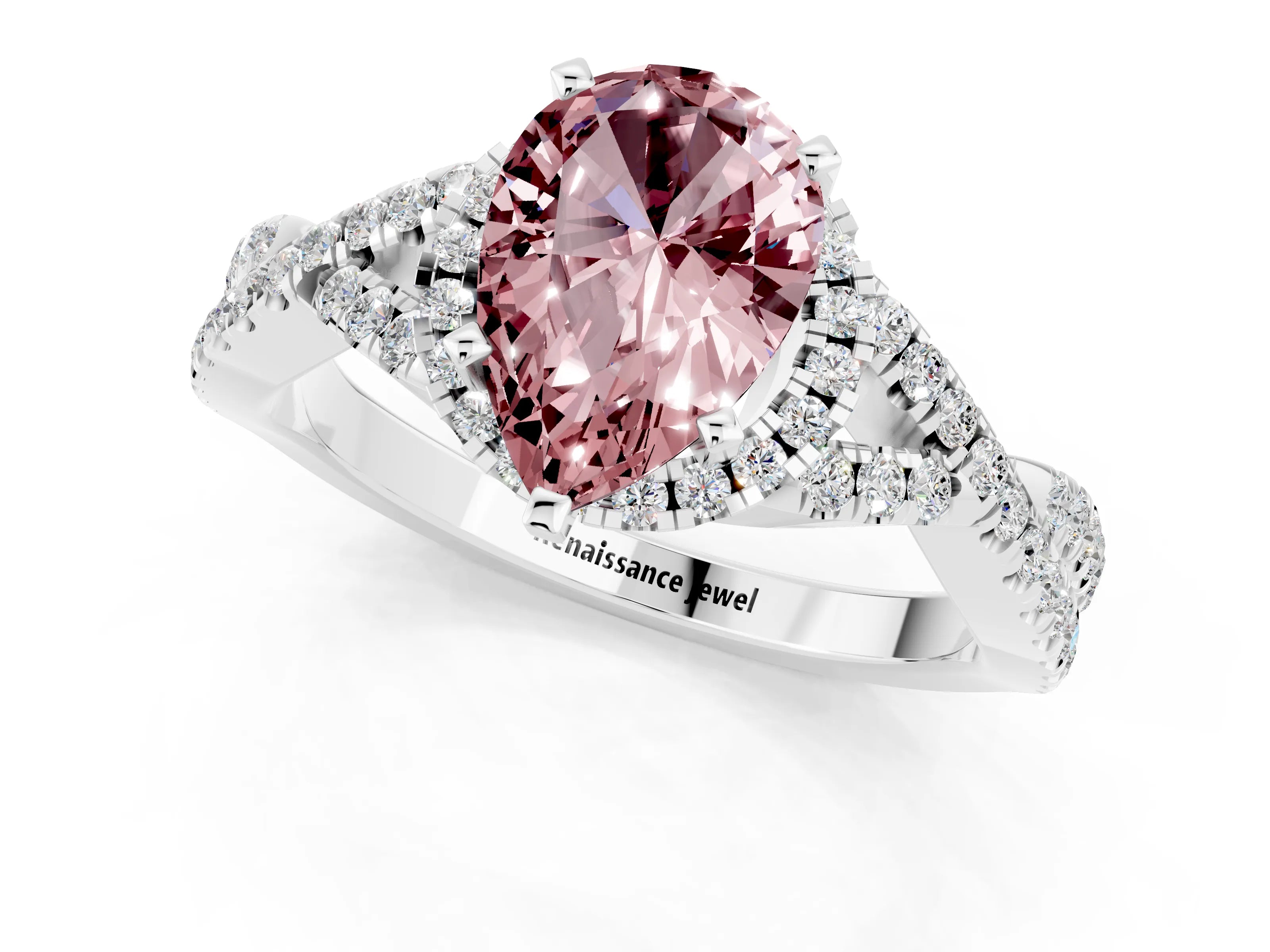White gold Pear Cut Morganite Halo Twist Band Solitaire Prong Setting Ring_1