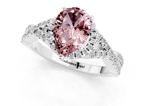 White gold Pear Cut Morganite Halo Twist Band Solitaire Prong Setting Ring_1