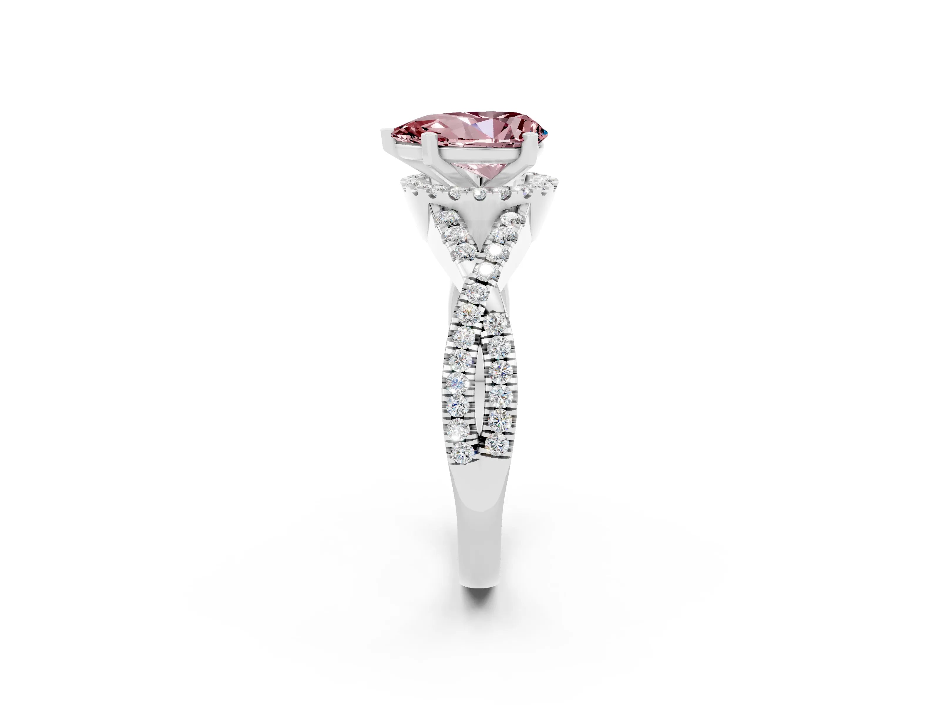 White gold Pear Cut Morganite Halo Twist Band Solitaire Prong Setting Ring_2