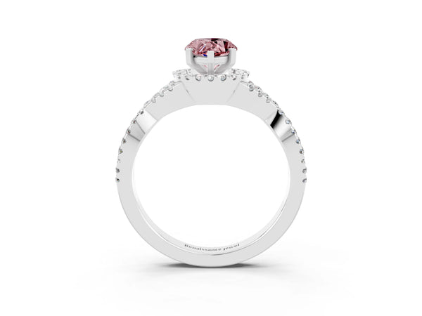 White gold Pear Cut Morganite  Halo Twist Band Solitaire Prong Setting Ring