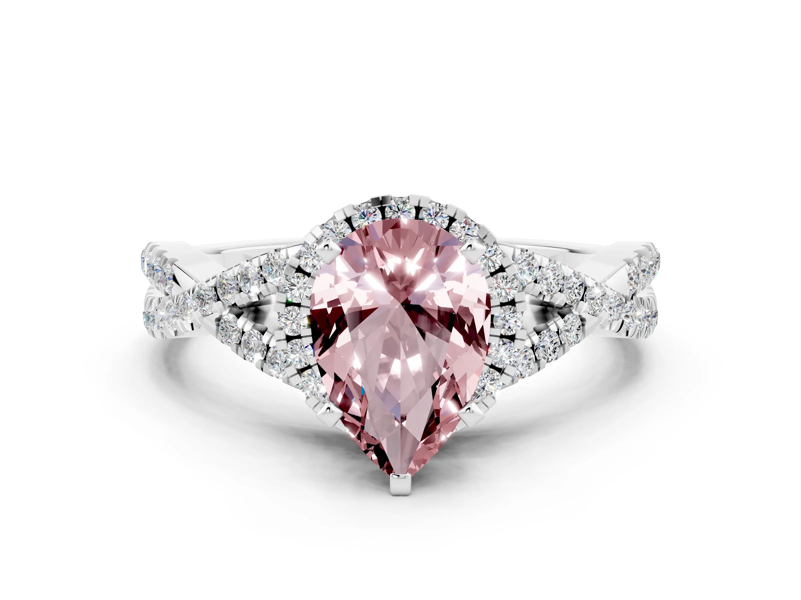 White gold Pear Cut Morganite Halo Twist Band Solitaire Prong Setting Ring