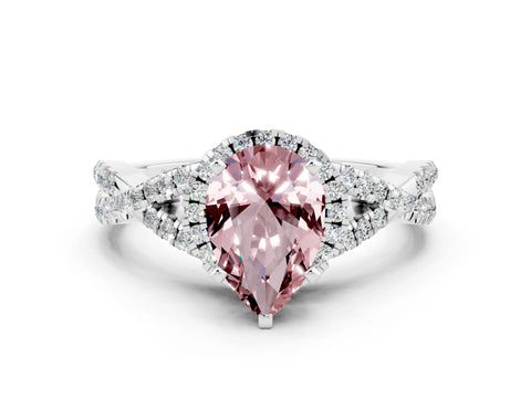 White gold Pear Cut Morganite Halo Twist Band Solitaire Prong Setting Ring