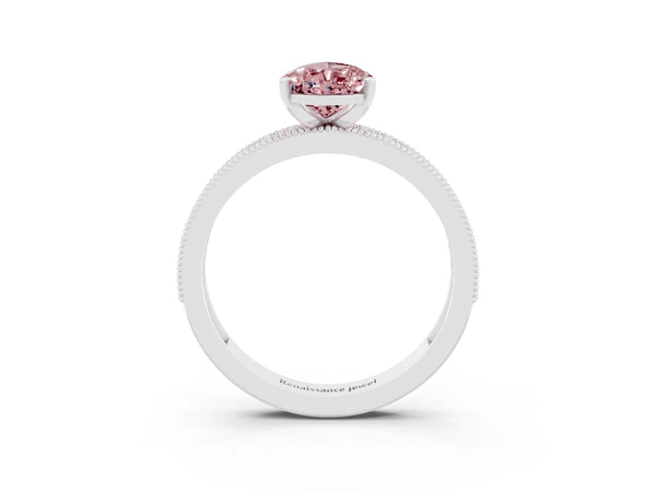 White gold Pear Cut Morganite Milgrain Pavé Engagement Ring with Four-Prong Setting