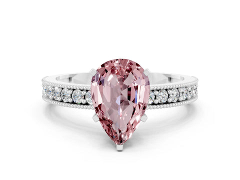 White gold Pear Cut Morganite Milgrain Pavé Engagement Ring with Four-Prong Setting