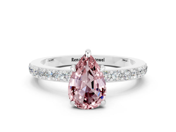 Platinum Pear Cut Morganite Pavé Engagement Ring with Round  Accents and Prong Setting