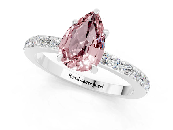 Silver Pear Cut Morganite Pavé Engagement Ring with Round  Accents and Prong Setting