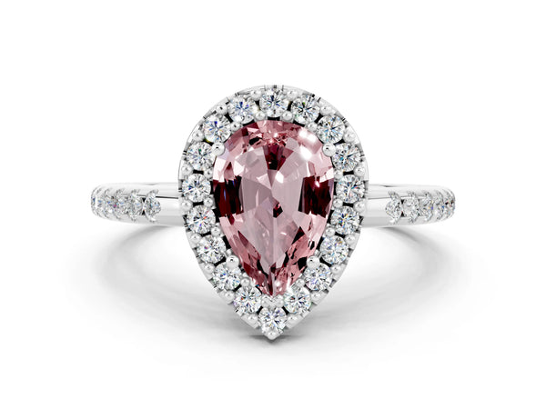 Platinum Pear Cut Morganite Pavé Halo Ring with Four-Prong Setting