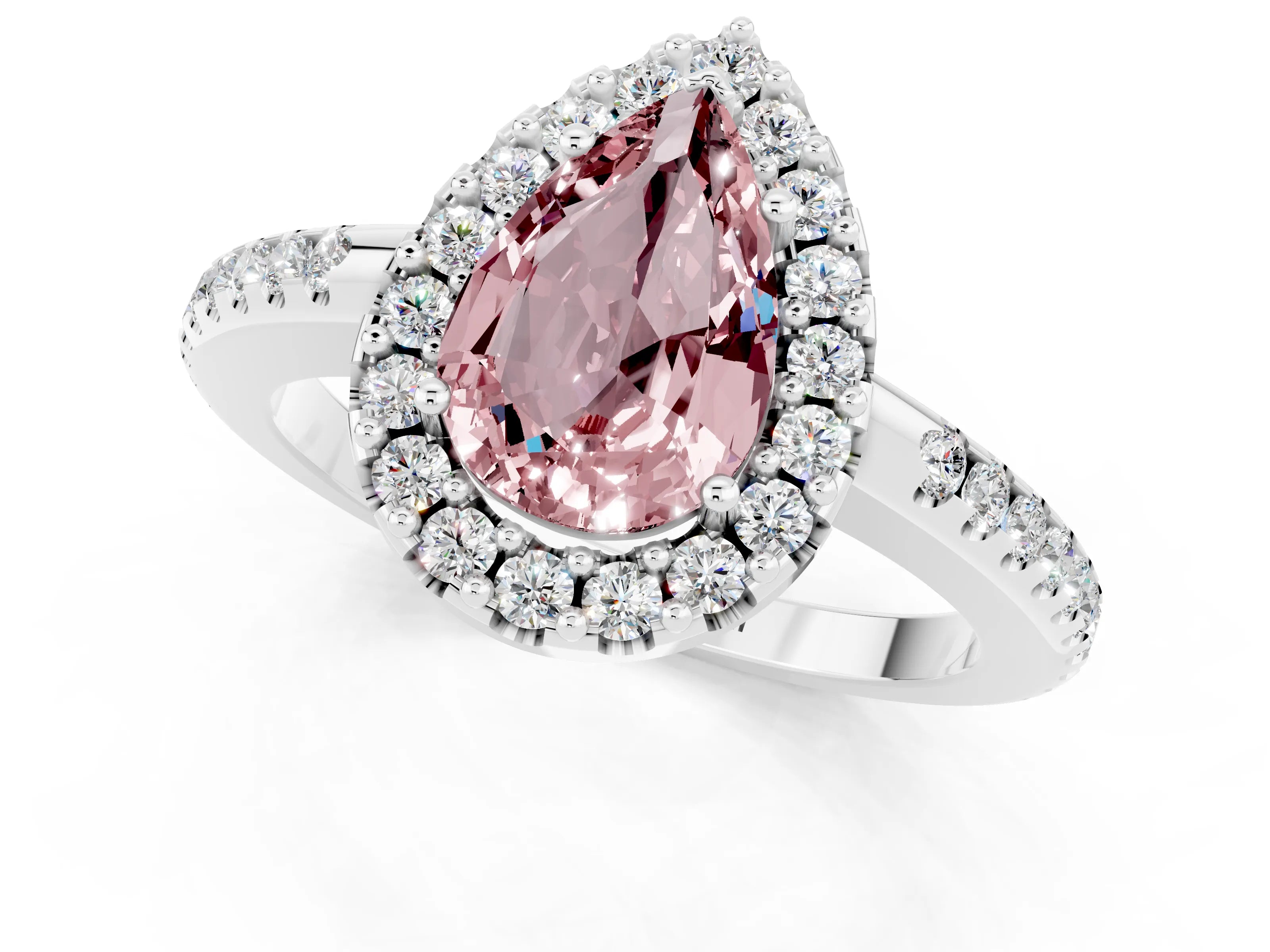 White gold Pear Cut Morganite Pavé Halo Ring with Four-Prong Setting_13