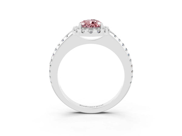 White gold Pear Cut Morganite Pavé Halo Ring with Four-Prong Setting