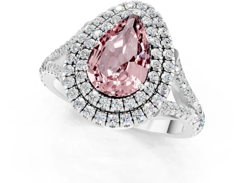 White gold Pear Cut Morganite Pavé Split Shank Double Halo Engagement Ring_1