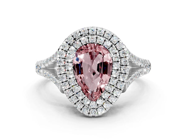 Silver Pear Cut Morganite Pavé Split Shank Double Halo Engagement Ring