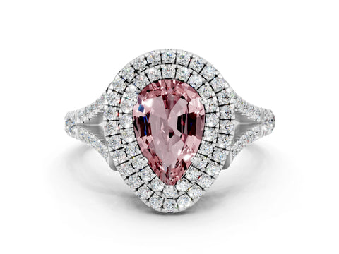 White gold Pear Cut Morganite Pavé Split Shank Double Halo Engagement Ring