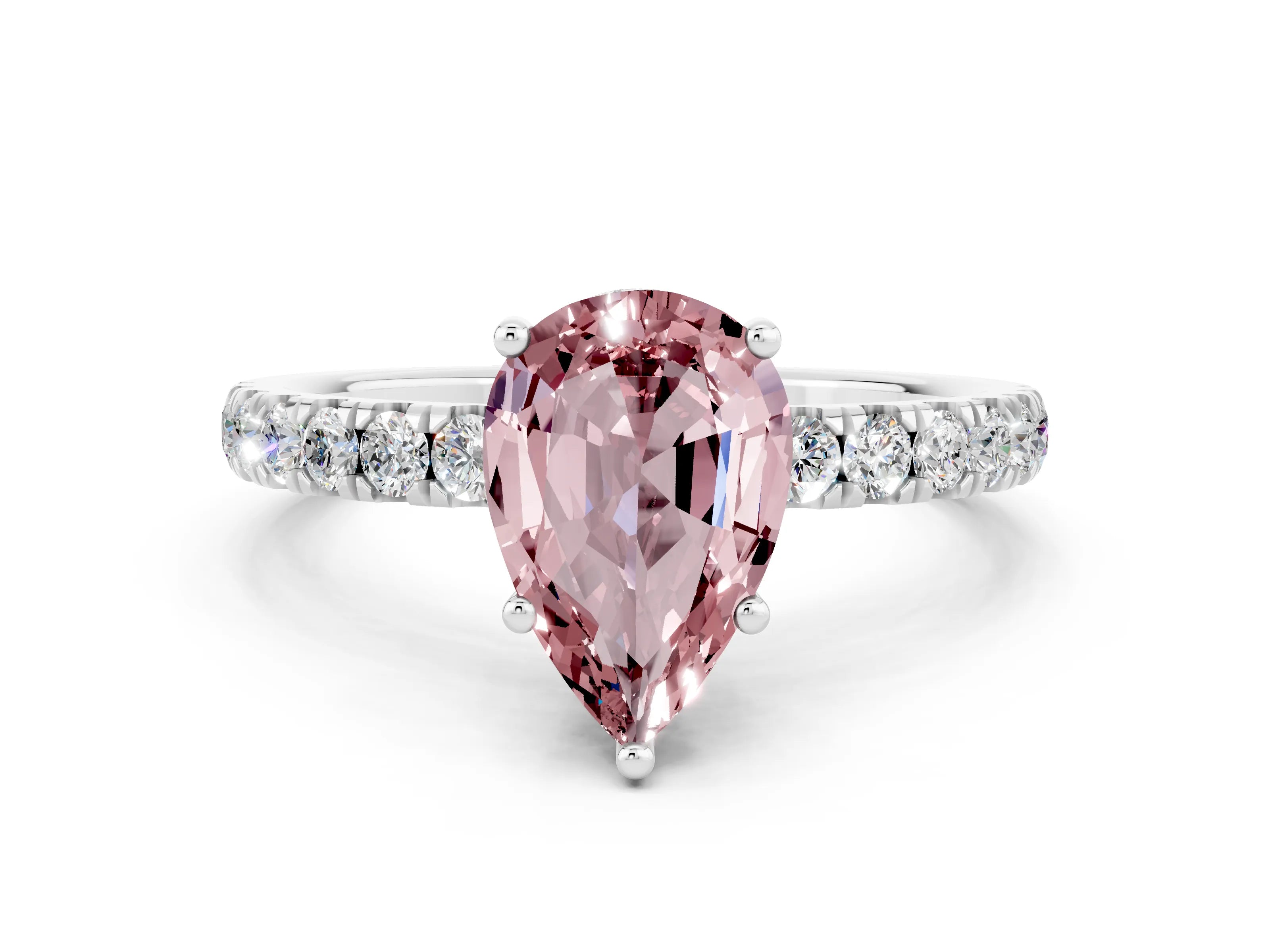 White gold Pear Cut Morganite Pave Band Solitaire Ring with Four-Prong Setting_24