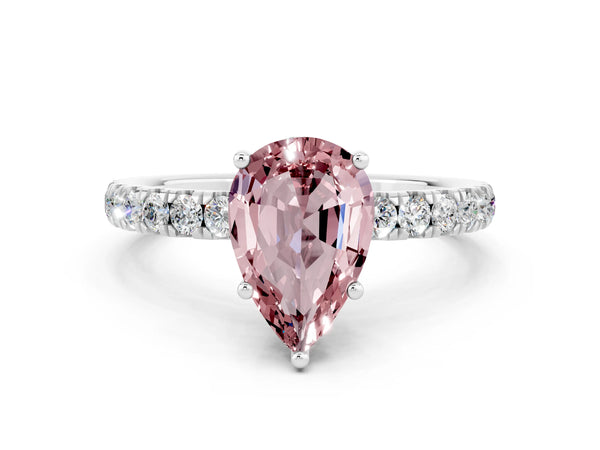 White gold Pear Cut Morganite Pave Band Solitaire Ring with Round  and Prong Setting