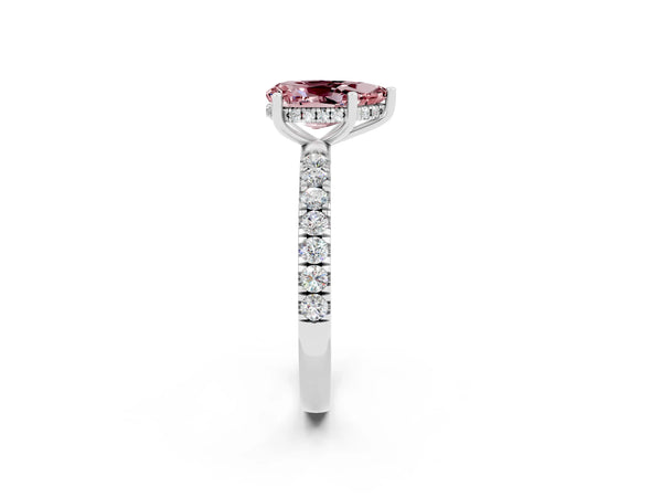 Platinum Pear Cut Morganite Pave Band Solitaire Ring with Round  and Prong Setting