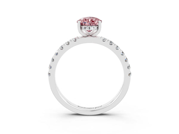 White gold Pear Cut Morganite Pave Band Solitaire Ring with Round  and Prong Setting