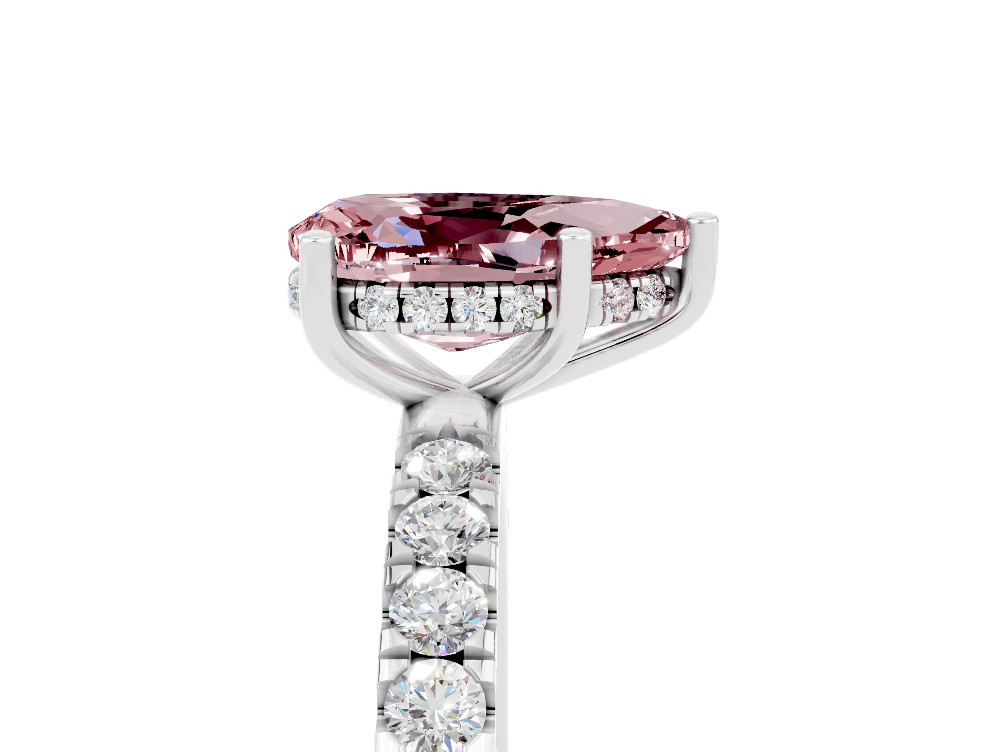 White gold Pear Cut Morganite Pave Band Solitaire Ring with Four-Prong Setting_29