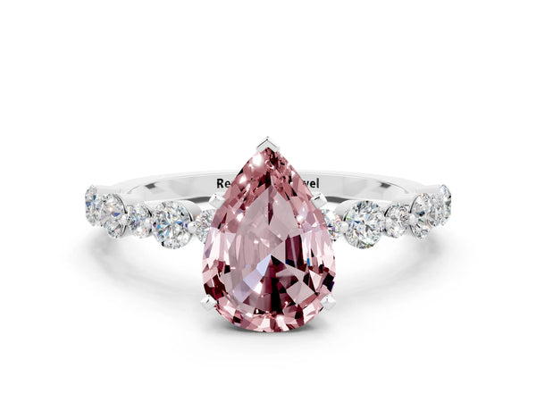 Platinum Pear Cut Morganite Prong Set Engagement Ring with Pavé Band