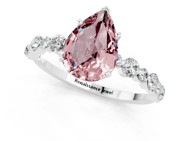 Silver Pear Cut Morganite Prong Set Engagement Ring with Pavé Band