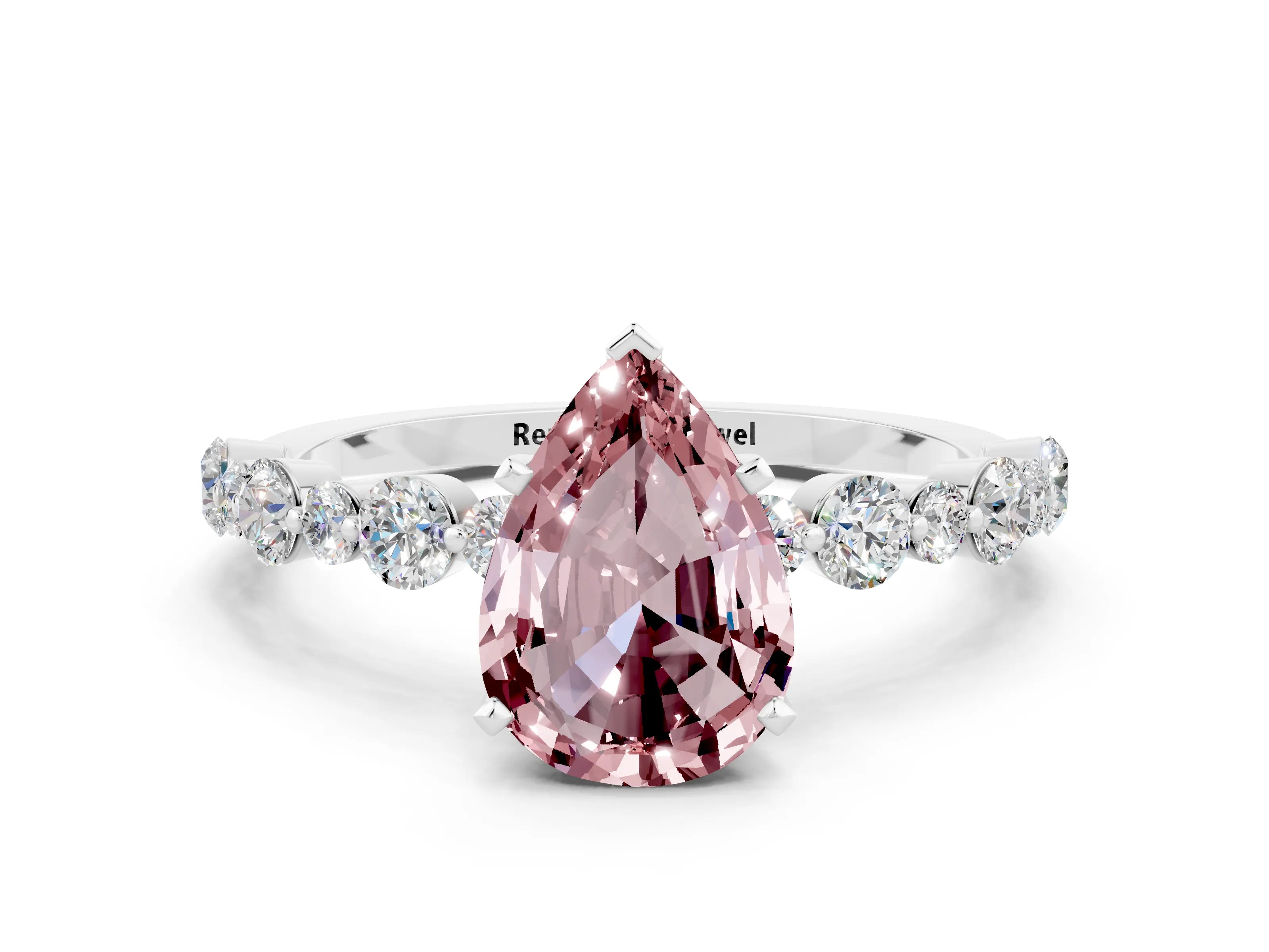 White gold Pear Cut Morganite Prong Set Engagement Ring with Pavé Band
