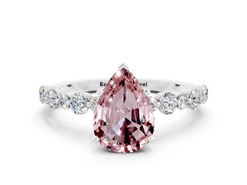 White gold Pear Cut Morganite Prong Set Engagement Ring with Pavé Band