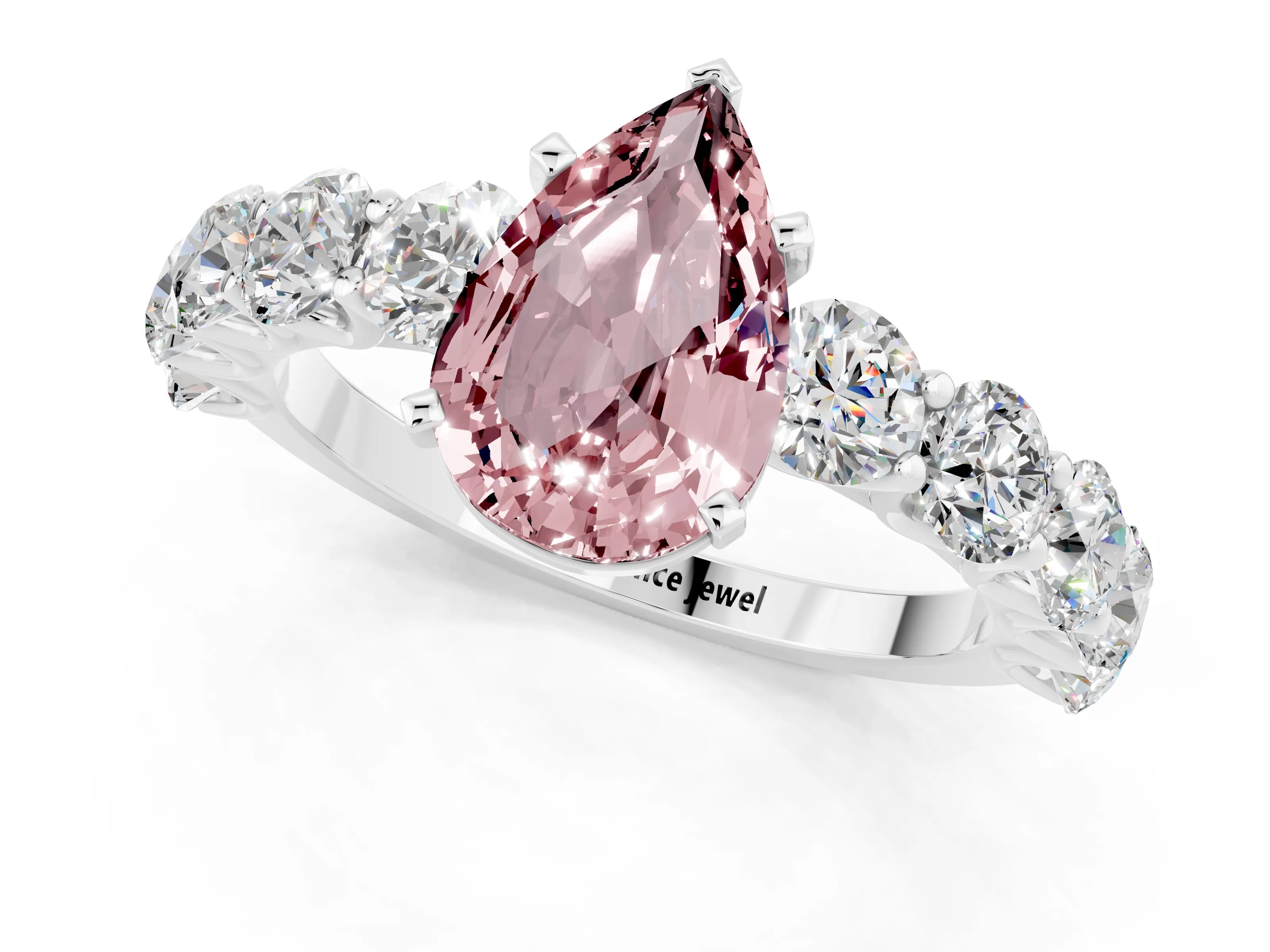 White gold Pear Cut Morganite Prong Setting with Side Stones on a Pave Band_1