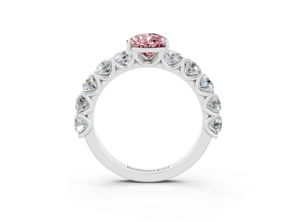 Platinum Pear Cut Morganite Prong Setting with Side Stones on a Pave Band