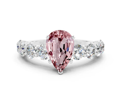 White gold Pear Cut Morganite Prong Setting with Side Stones on a Pave Band