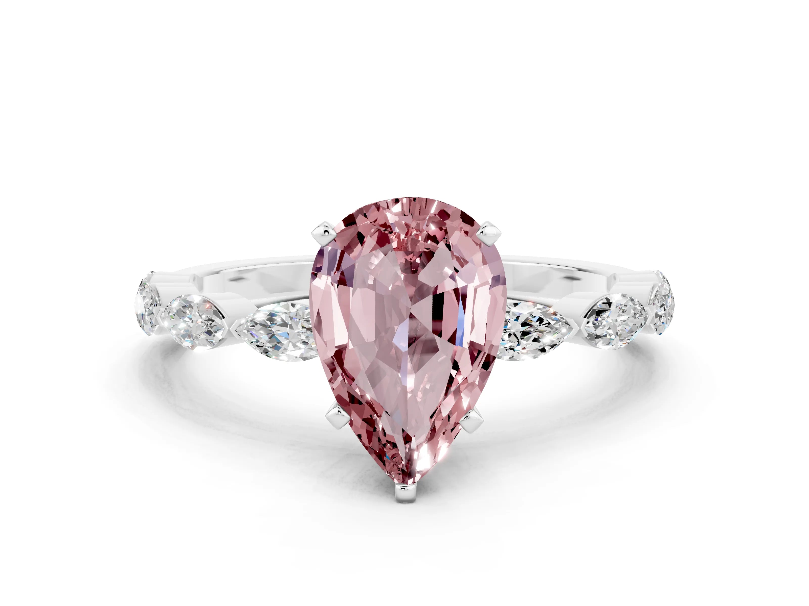 White gold Pear Cut Morganite Ring with Marquise Side Stones and Prong Setting