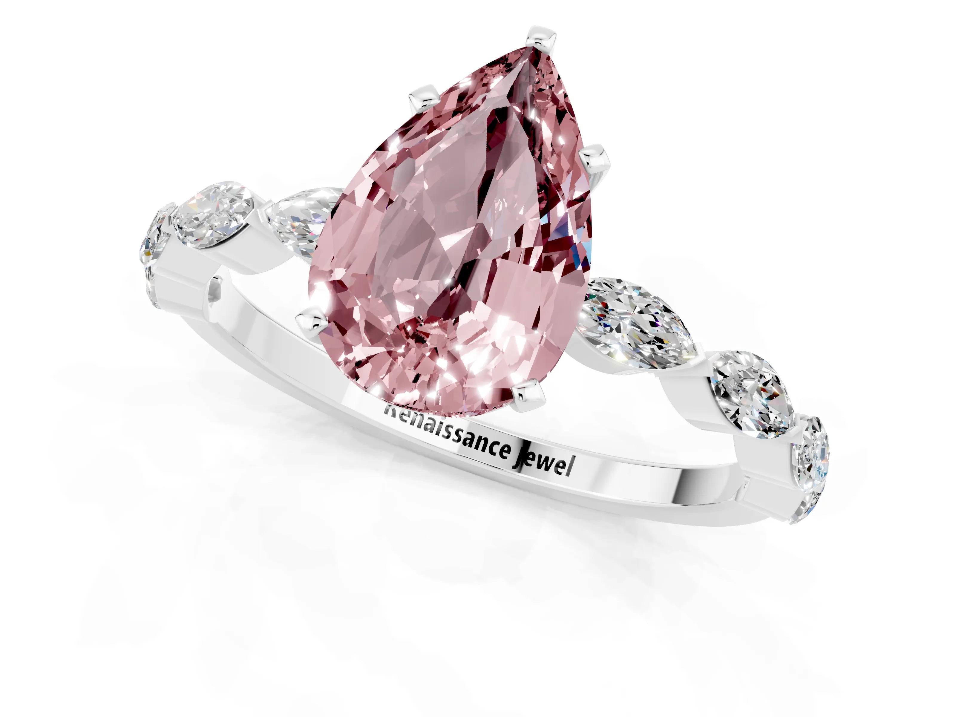 White gold Pear Cut Morganite Ring with Marquise Side Stones and Prong Setting_1