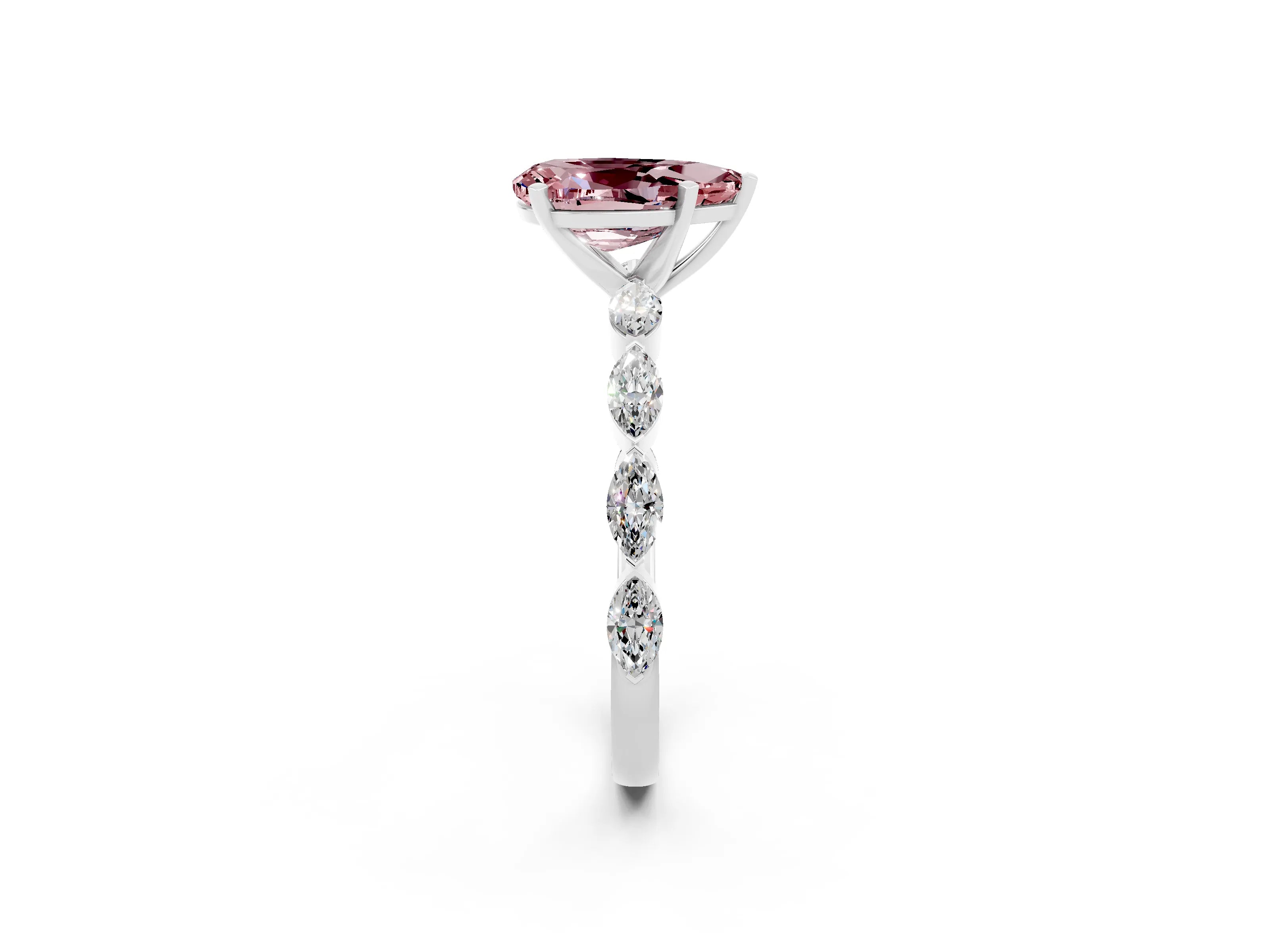 White gold Pear Cut Morganite Ring with Marquise Side Stones and Prong Setting_2