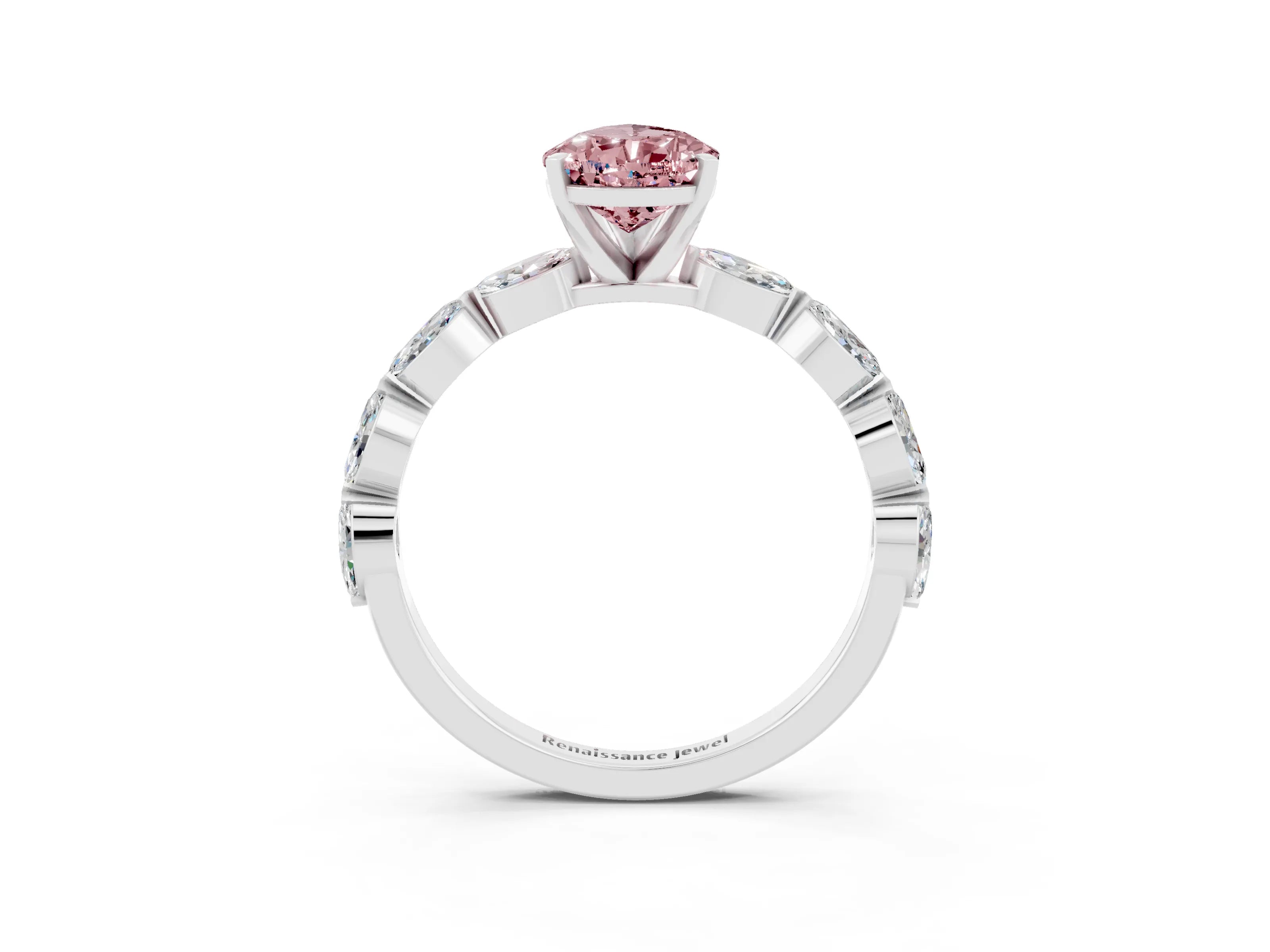 White gold Pear Cut Morganite Ring with Marquise Side Stones and Prong Setting_3