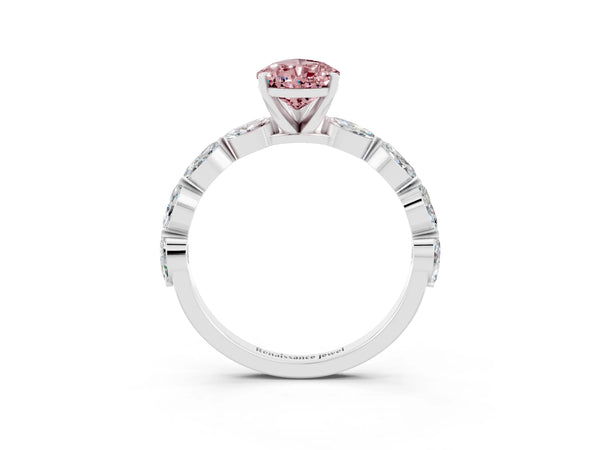 Silver Pear Cut Morganite Ring with Marquise Side Stones and Prong Setting
