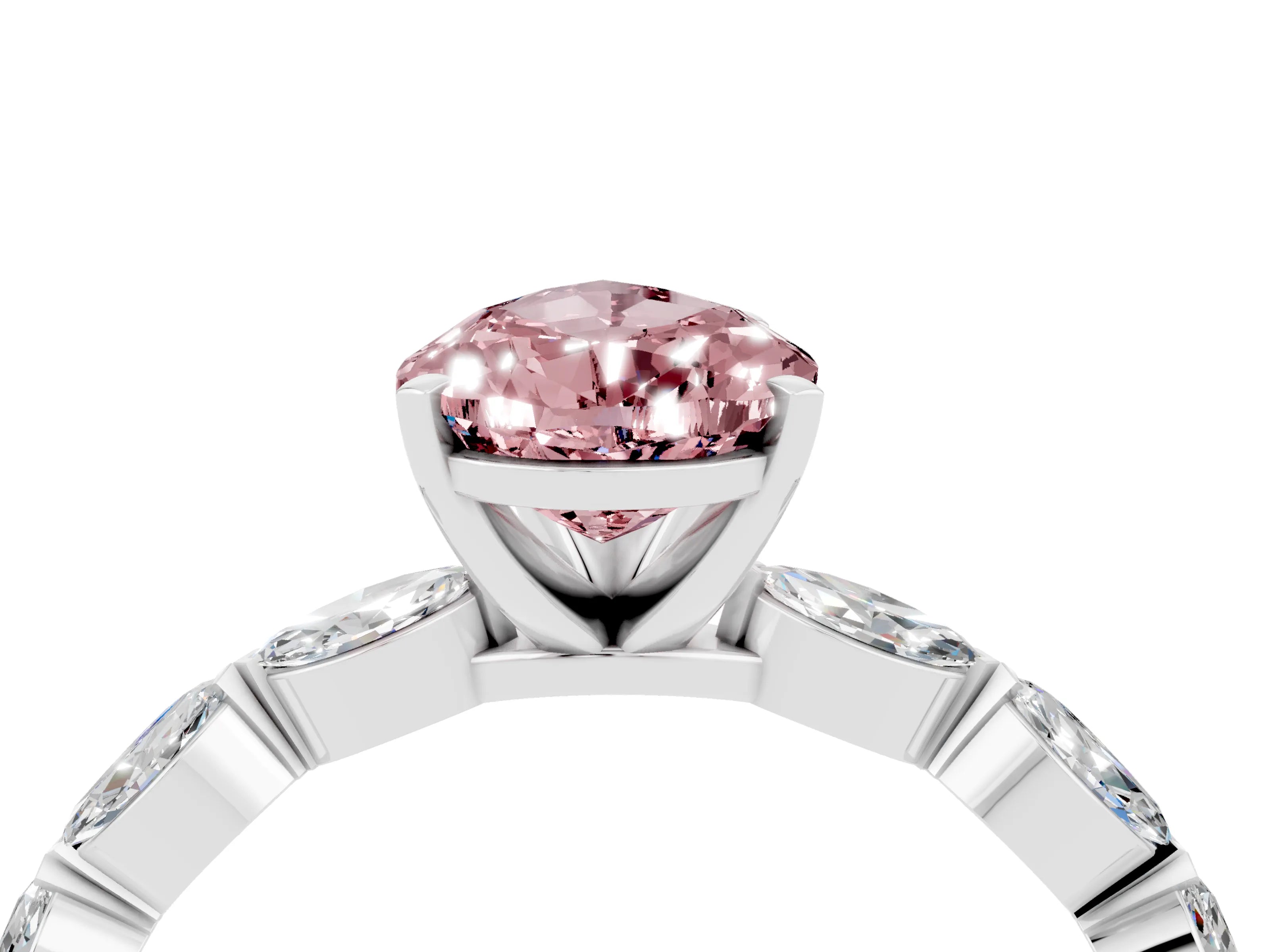 White gold Pear Cut Morganite Ring with Marquise Side Stones and Prong Setting_4