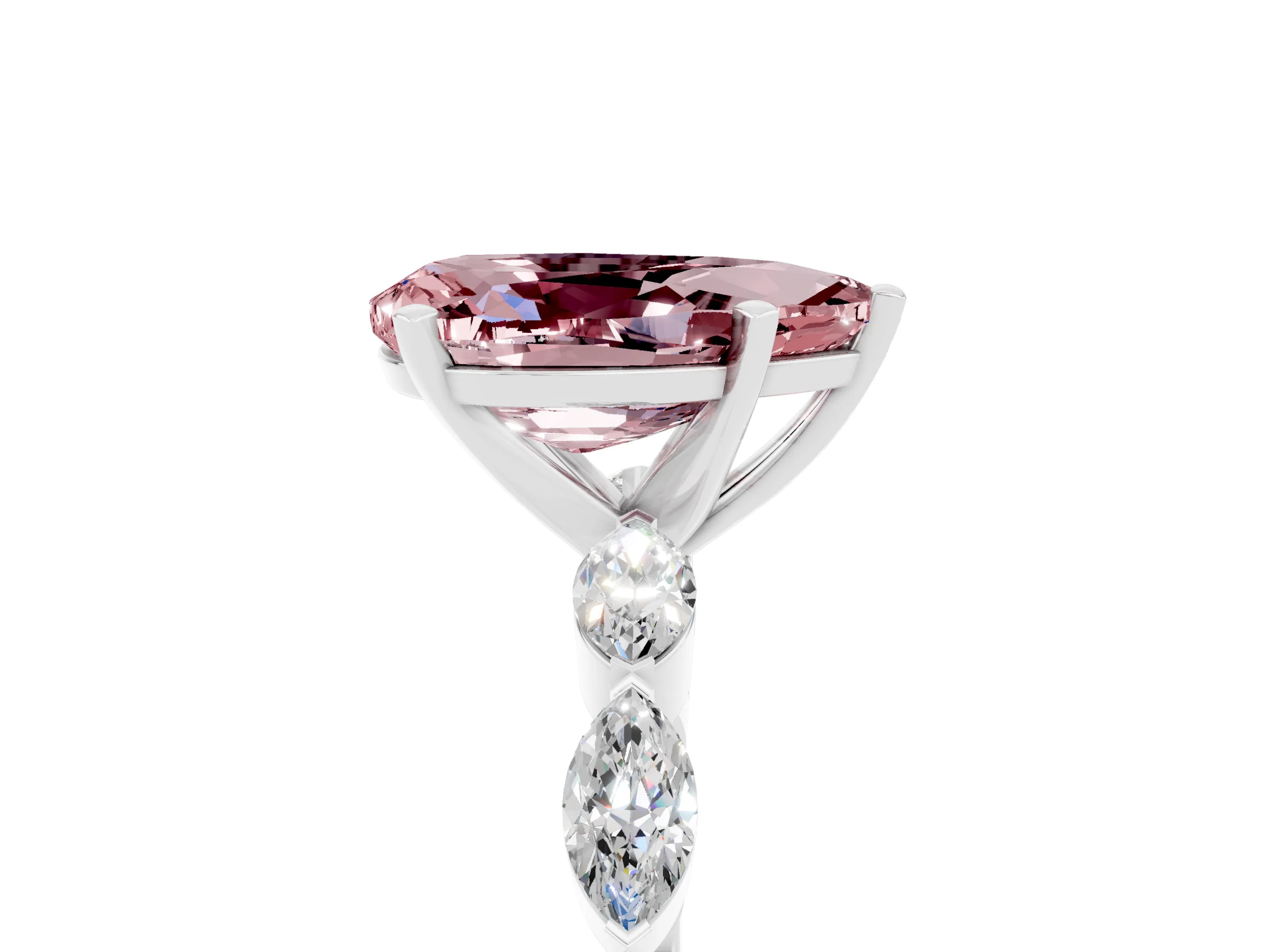 White gold Pear Cut Morganite Ring with Marquise Side Stones and Prong Setting_5