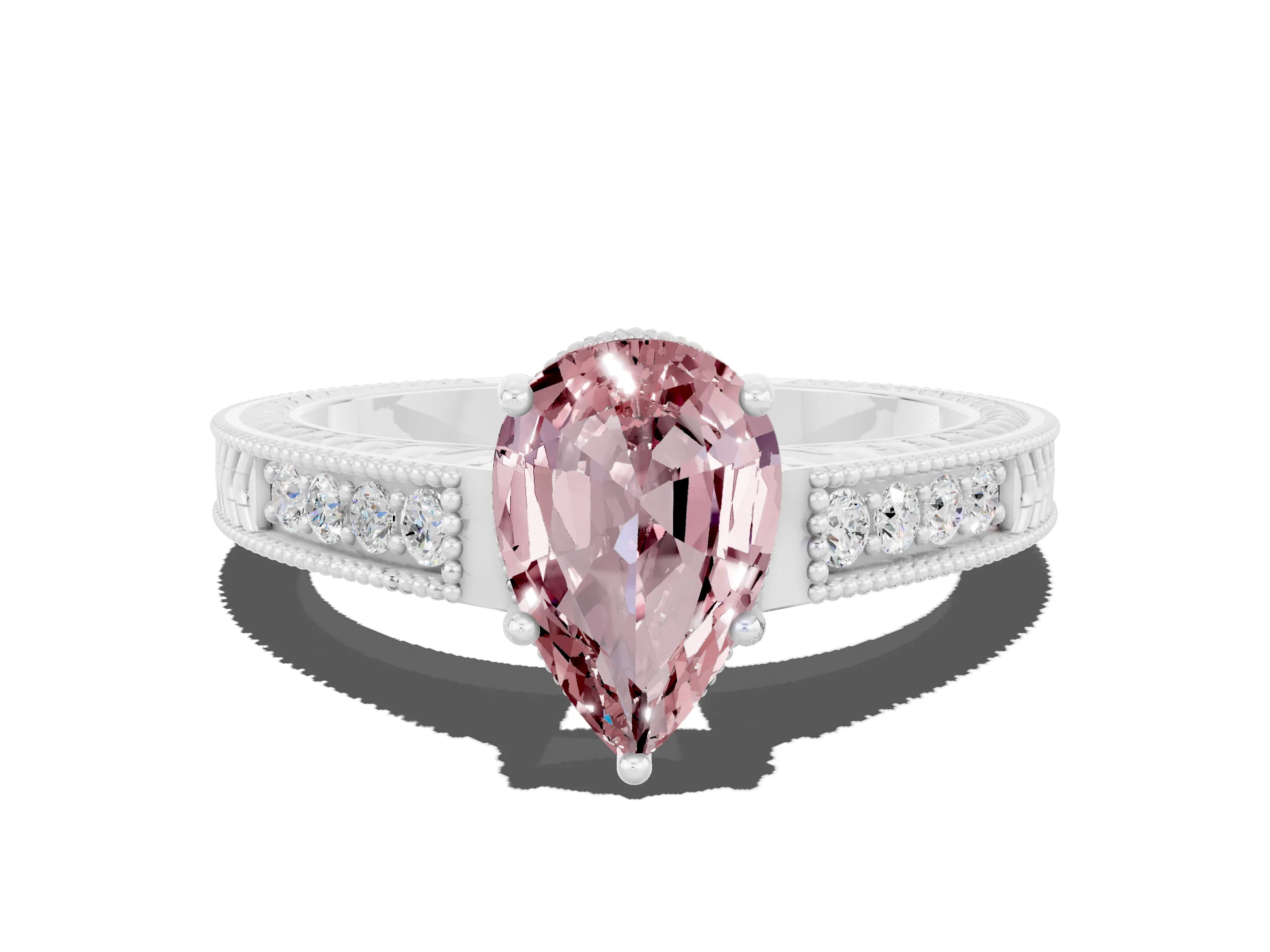 White gold Pear Cut Morganite Ring with Milgrain Pavé Band and Four-Prong Setting_12