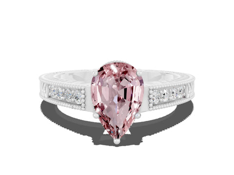 White gold Pear Cut Morganite Ring with Milgrain Pavé Band and Four-Prong Setting_12
