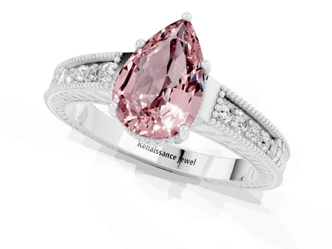 White gold Pear Cut Morganite Ring with Milgrain Pavé Band and Four-Prong Setting_13