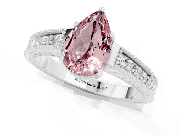 White gold Pear Cut Morganite Ring with Milgrain Pavé Band and Four-Prong Setting