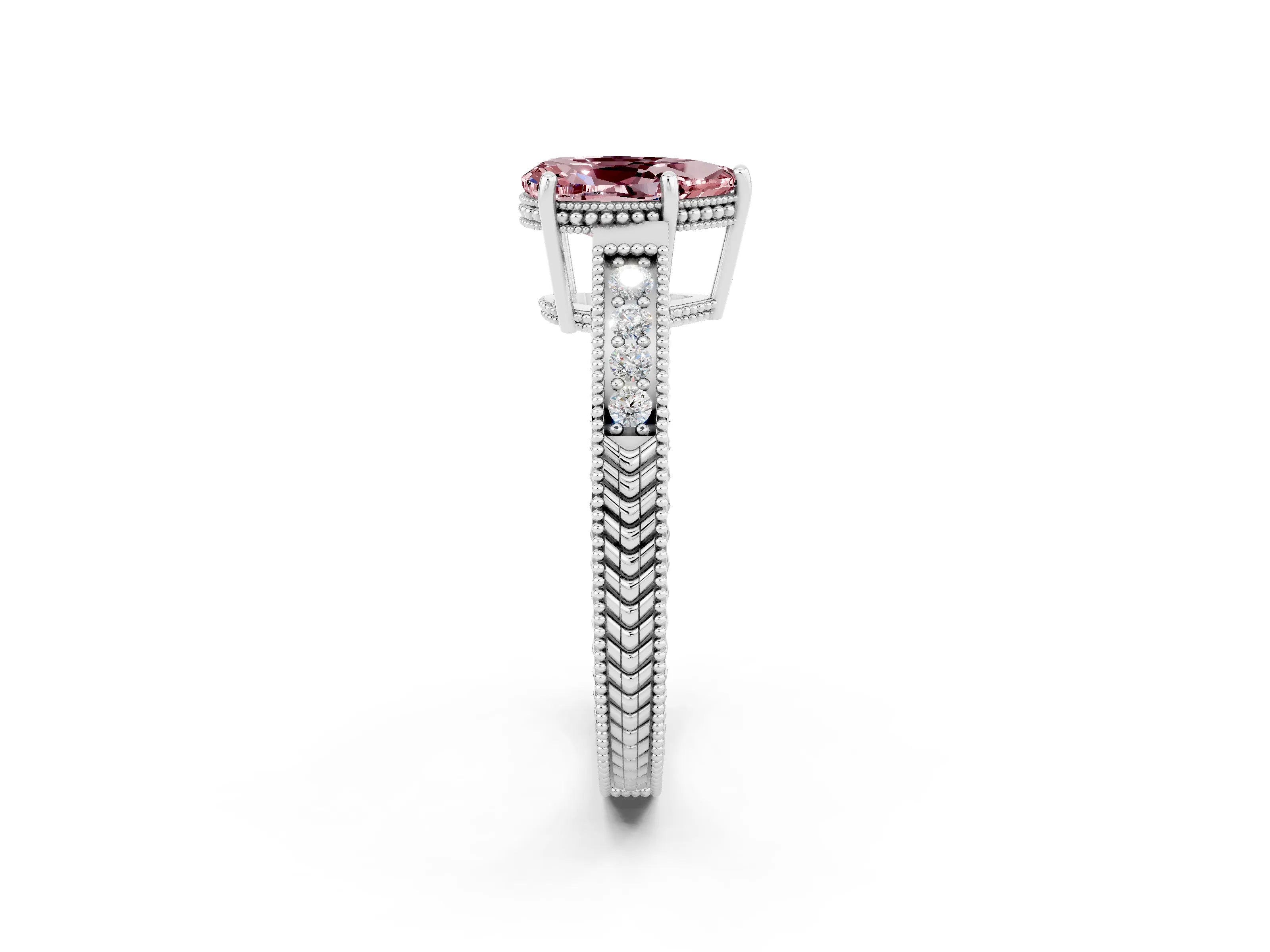 White gold Pear Cut Morganite Ring with Milgrain Pavé Band and Four-Prong Setting_14