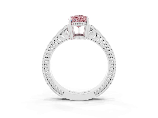 Platinum Pear Cut Morganite Ring with Milgrain Pavé Band and Four-Prong Setting