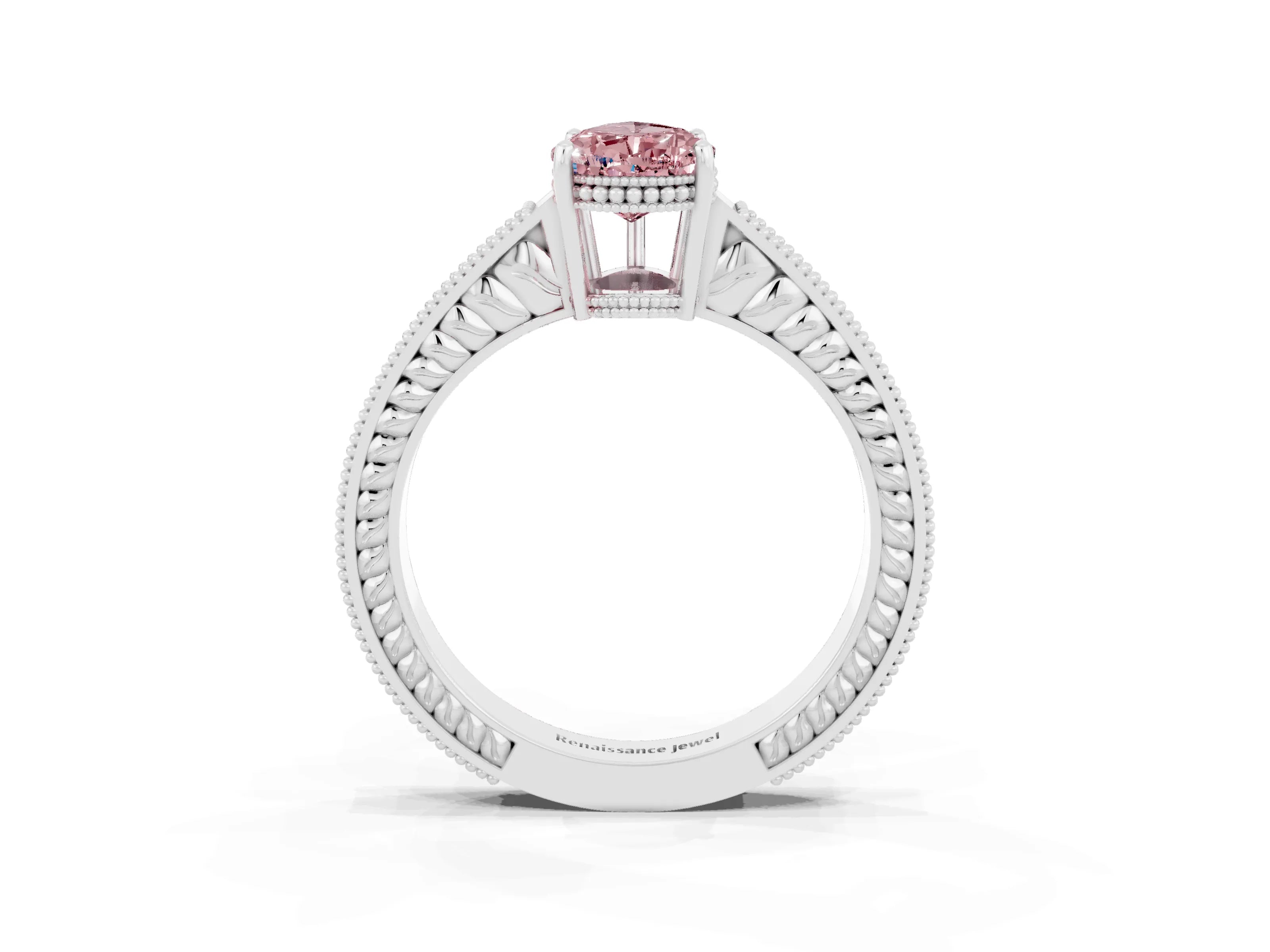 White gold Pear Cut Morganite Ring with Milgrain Pavé Band and Four-Prong Setting_15