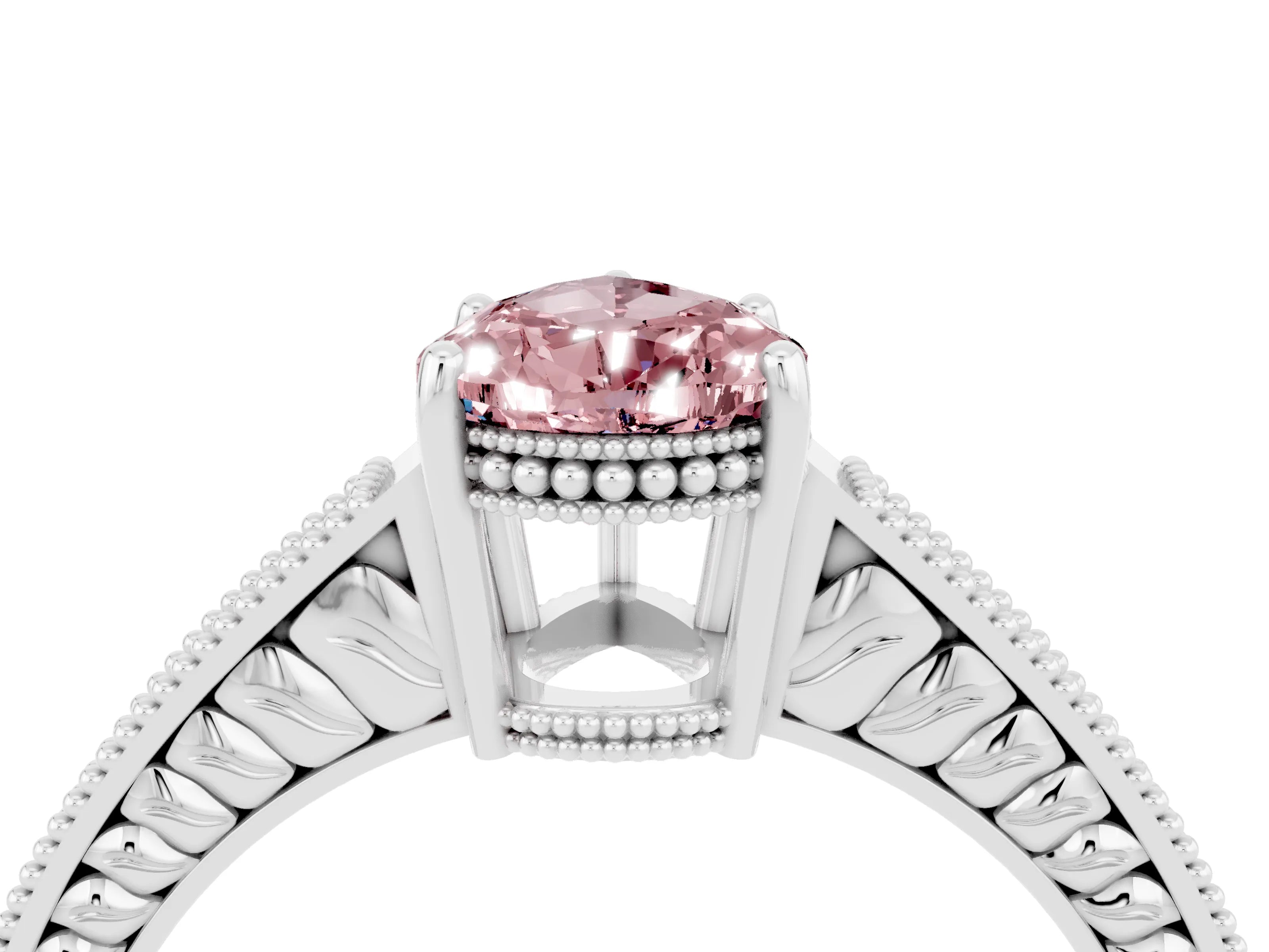 White gold Pear Cut Morganite Ring with Milgrain Pavé Band and Four-Prong Setting_16