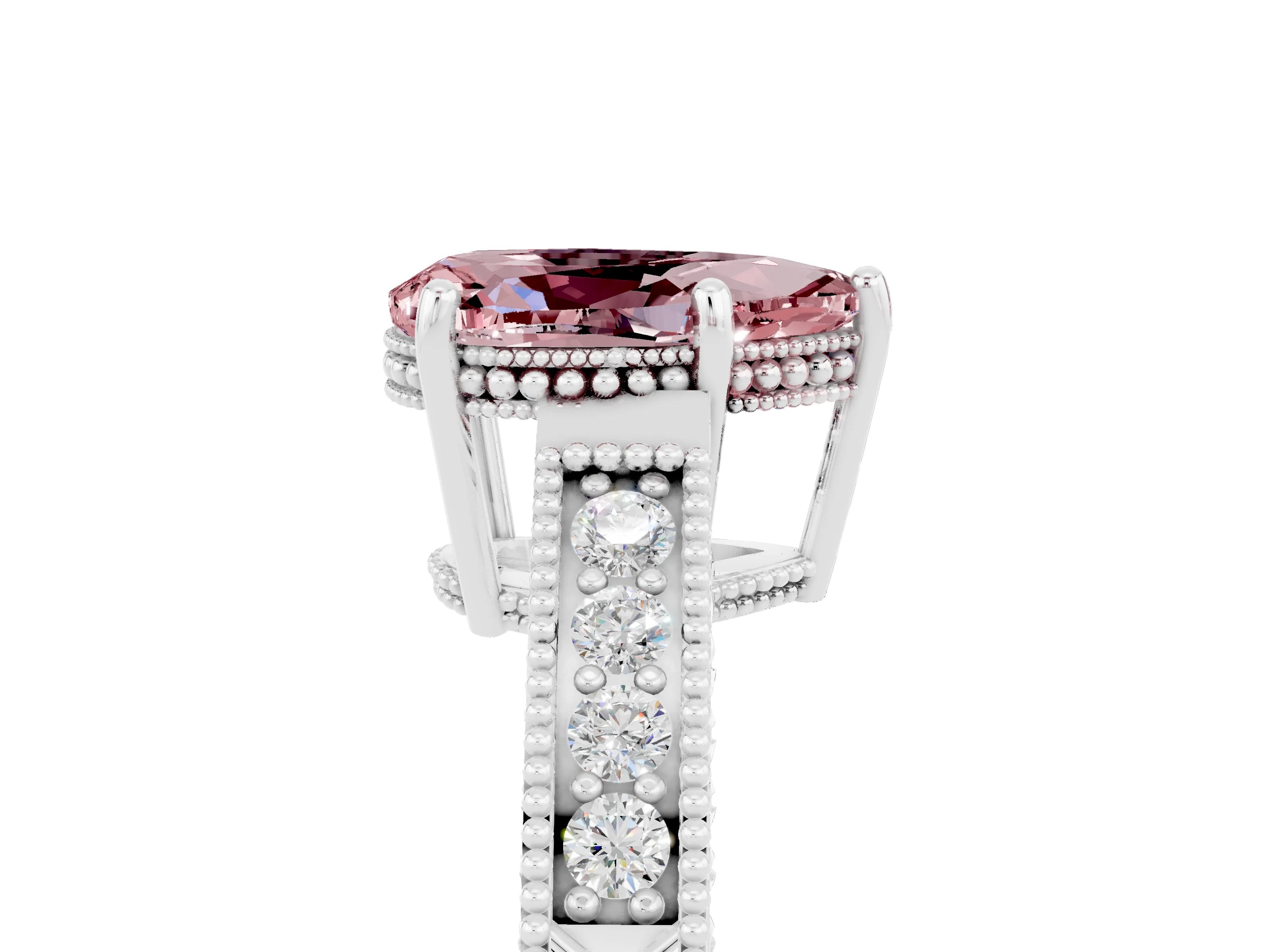 White gold Pear Cut Morganite Ring with Milgrain Pavé Band and Four-Prong Setting_17