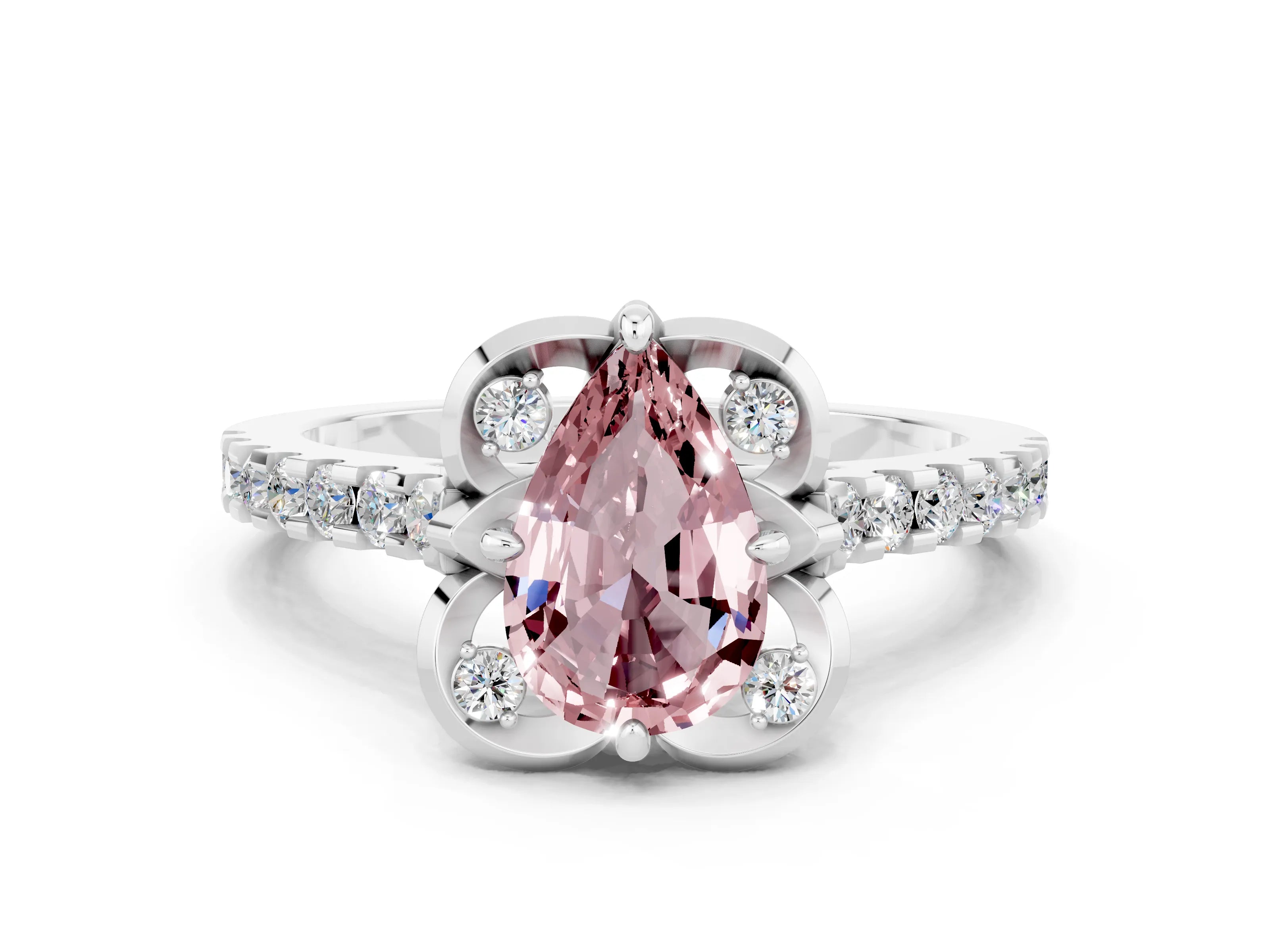White gold Pear Cut Morganite Ring with Pavé Band and Floral Prong Setting