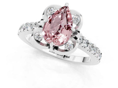 White gold Pear Cut Morganite Ring with Pavé Band and Floral Prong Setting_1