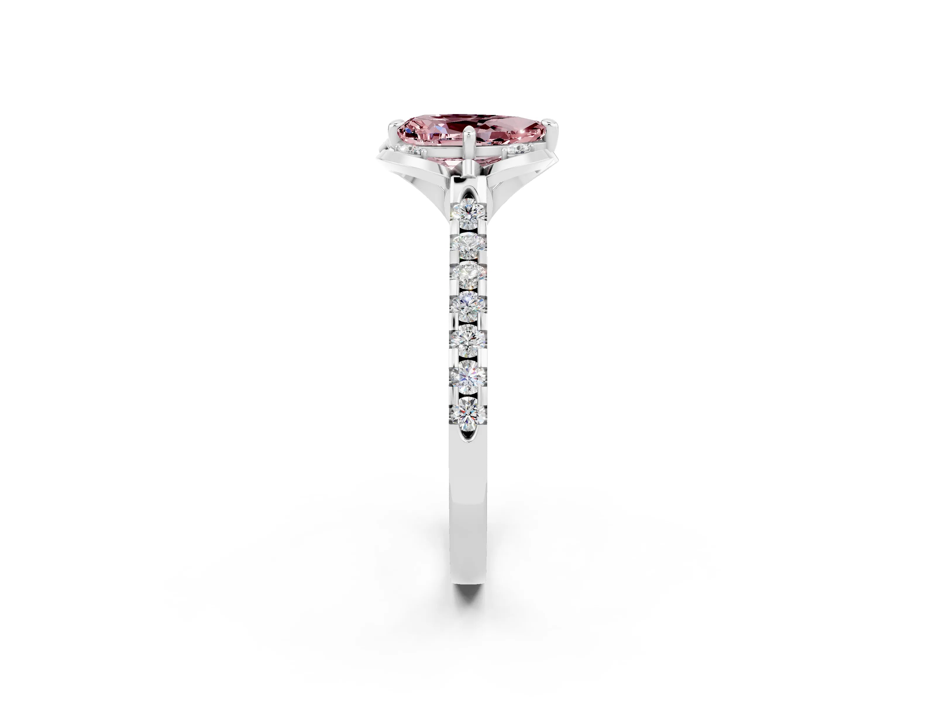 White gold Pear Cut Morganite Ring with Pavé Band and Floral Prong Setting_2